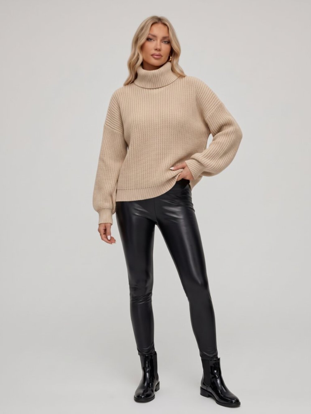 Women's Cream Ribbed Turtleneck Sweater Drop Shoulder Oversized Knit Top - Picture 3 of 4